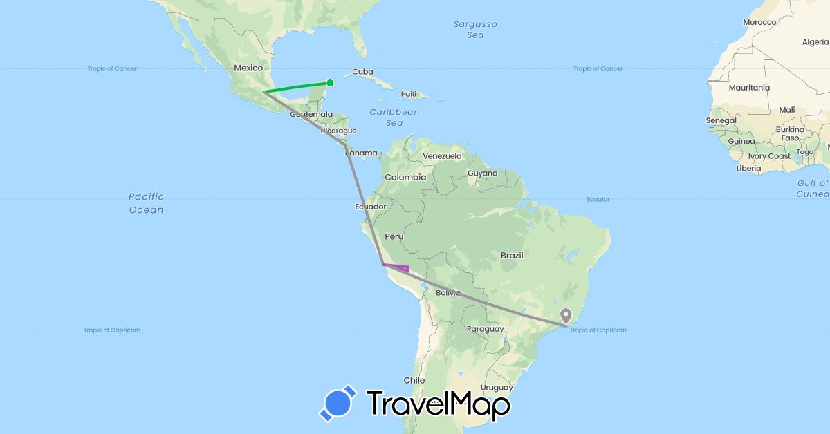 TravelMap itinerary: bus, plane, train in Brazil, Costa Rica, Mexico, Peru (North America, South America)